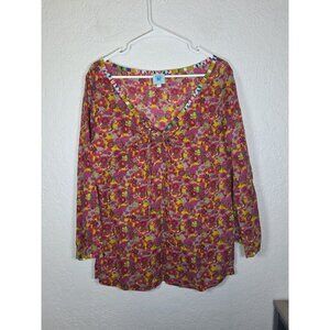Karma Living Blouse Tunic Large Floral 100% Cotton V -Neck